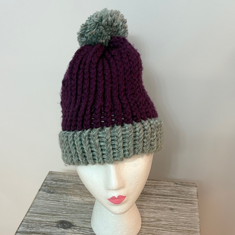 Purple and Gray Knit Pom-Pom Beanie